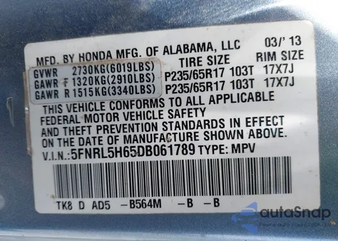 2013 Honda Odyssey Ex-L из США, поврежденный, VIN 5FNRL5H65DB061789